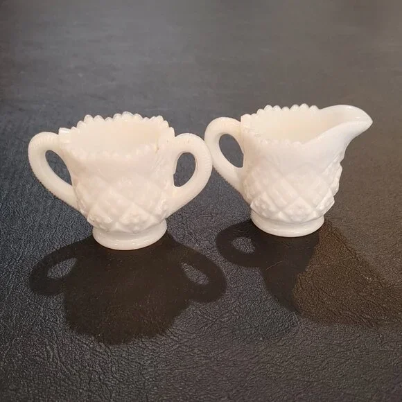 Vintage Milk Glass Cream and Sugar Set Ornate - Picture 2 of 8